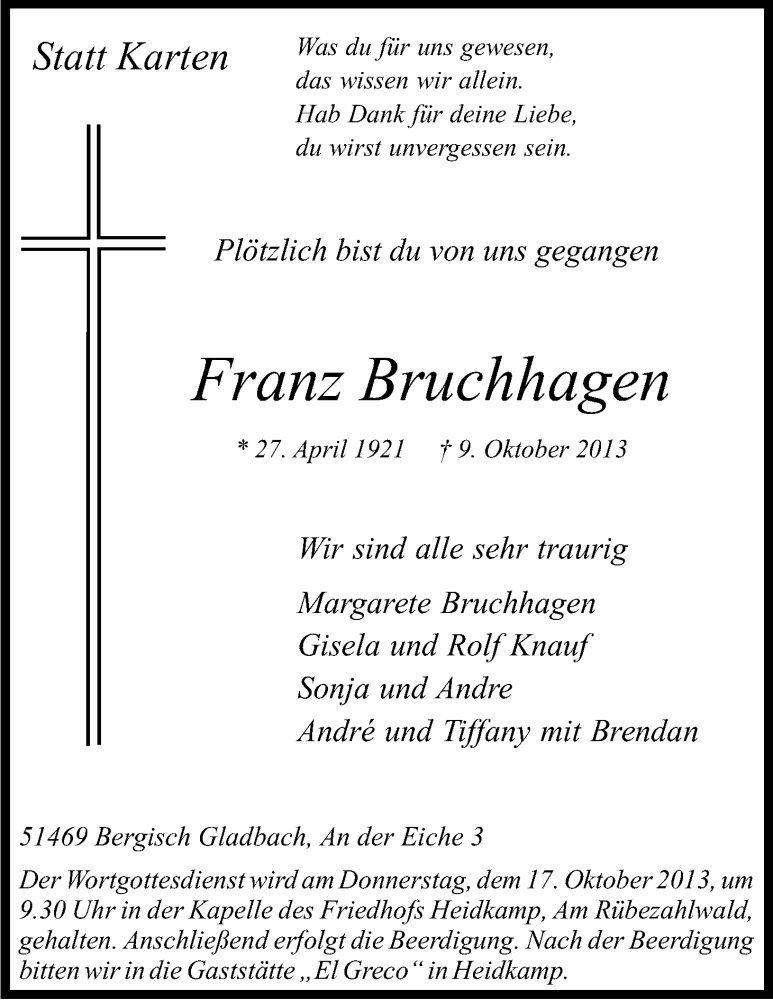  Traueranzeige für Franz Bruchhagen vom 12.10.2013 aus Kölner Stadt-Anzeiger / Kölnische Rundschau / Express