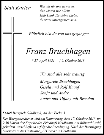 Anzeige von Franz Bruchhagen von Kölner Stadt-Anzeiger / Kölnische Rundschau / Express