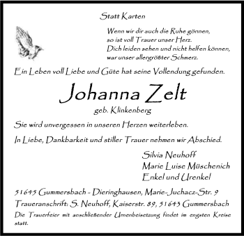 Anzeige von Johanna Zelt von Kölner Stadt-Anzeiger / Kölnische Rundschau / Express
