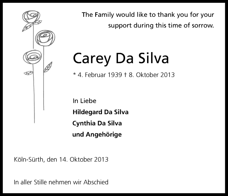  Traueranzeige für Carey Da Silva vom 14.10.2013 aus Kölner Stadt-Anzeiger / Kölnische Rundschau / Express