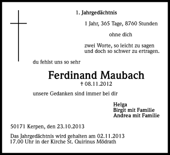 Anzeige von Ferdinand Maubach von Kölner Stadt-Anzeiger / Kölnische Rundschau / Express