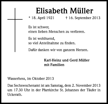 Anzeige von Elisabeth Müller von Kölner Stadt-Anzeiger / Kölnische Rundschau / Express