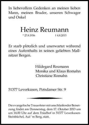 Anzeige von Heinz Reumann von Kölner Stadt-Anzeiger / Kölnische Rundschau / Express