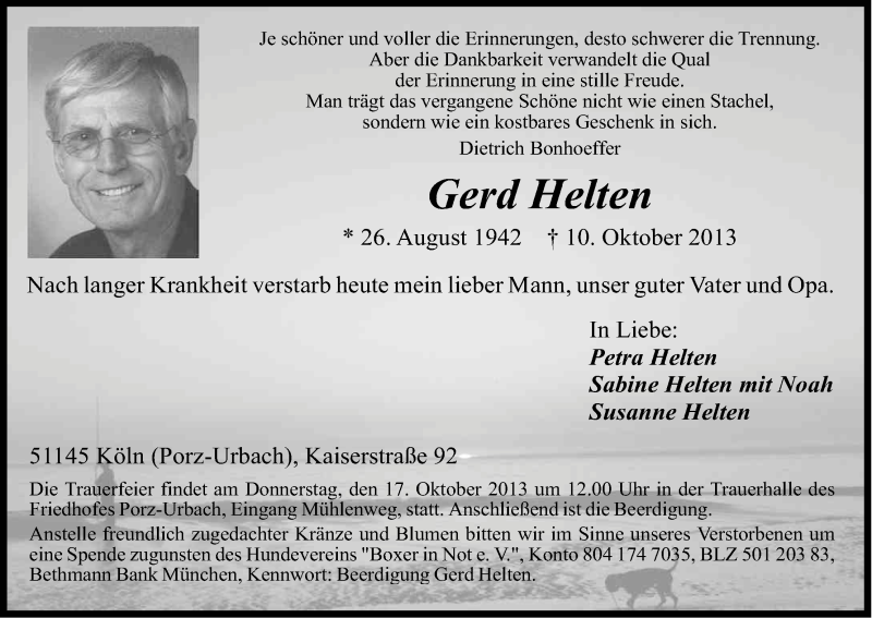  Traueranzeige für Gerd Helten vom 14.10.2013 aus Kölner Stadt-Anzeiger / Kölnische Rundschau / Express