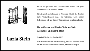 Anzeige von Luzia Stein von Kölner Stadt-Anzeiger / Kölnische Rundschau / Express