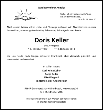 Anzeige von Doris Keller von Kölner Stadt-Anzeiger / Kölnische Rundschau / Express
