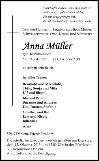 Anzeige von Anna Müller von Kölner Stadt-Anzeiger / Kölnische Rundschau / Express