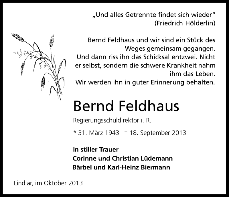  Traueranzeige für Bernd Feldhaus vom 16.10.2013 aus Kölner Stadt-Anzeiger / Kölnische Rundschau / Express
