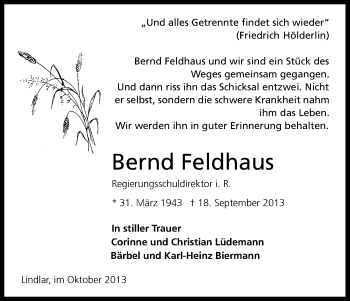 Anzeige von Bernd Feldhaus von Kölner Stadt-Anzeiger / Kölnische Rundschau / Express