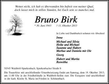 Anzeige von Bruno Birk von Kölner Stadt-Anzeiger / Kölnische Rundschau / Express