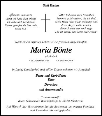 Anzeige von Maria Bönte von Kölner Stadt-Anzeiger / Kölnische Rundschau / Express