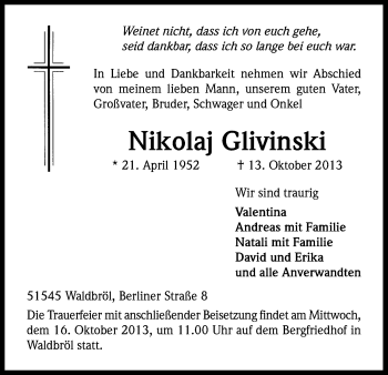 Anzeige von Nikolaj Glivinski von Kölner Stadt-Anzeiger / Kölnische Rundschau / Express