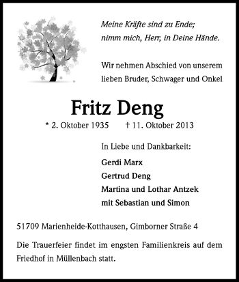 Anzeige von Fritz Deng von Kölner Stadt-Anzeiger / Kölnische Rundschau / Express