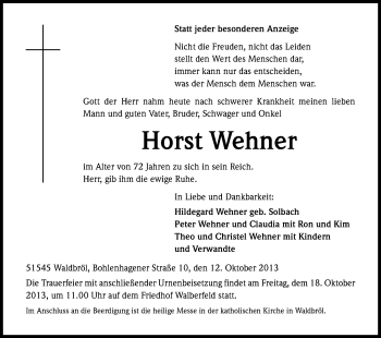 Anzeige von Horst Wehner von Kölner Stadt-Anzeiger / Kölnische Rundschau / Express