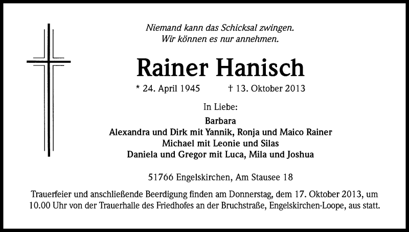  Traueranzeige für Rainer Hanisch vom 15.10.2013 aus Kölner Stadt-Anzeiger / Kölnische Rundschau / Express