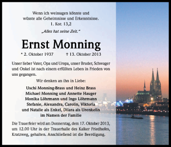 Anzeige von Ernst Monning von Kölner Stadt-Anzeiger / Kölnische Rundschau / Express