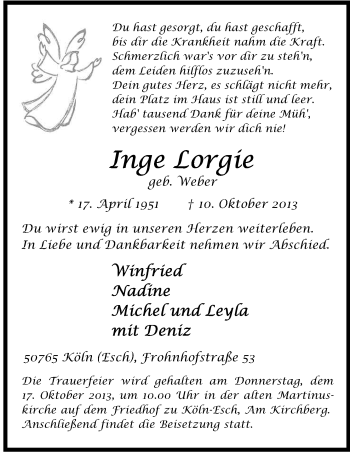 Anzeige von Inge Lorgie von Kölner Stadt-Anzeiger / Kölnische Rundschau / Express