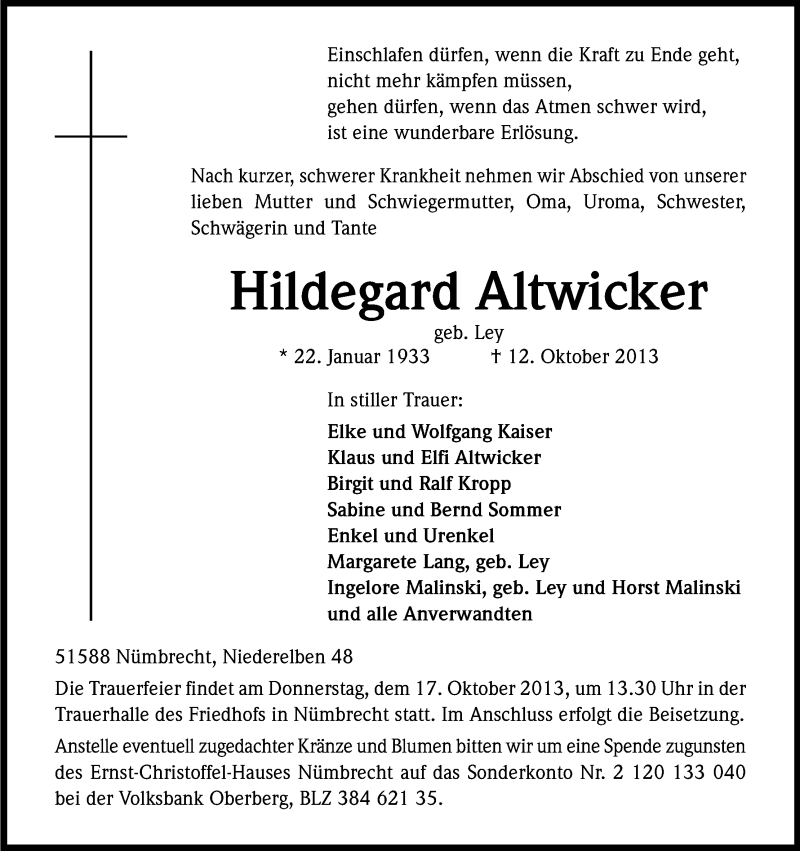  Traueranzeige für Hildegard Altwicker vom 15.10.2013 aus Kölner Stadt-Anzeiger / Kölnische Rundschau / Express