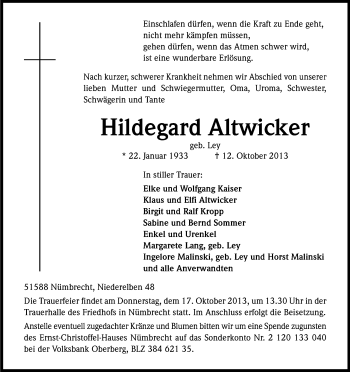 Anzeige von Hildegard Altwicker von Kölner Stadt-Anzeiger / Kölnische Rundschau / Express