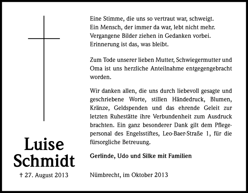  Traueranzeige für Luise Schmidt vom 16.10.2013 aus Kölner Stadt-Anzeiger / Kölnische Rundschau / Express