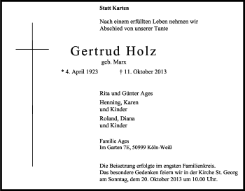 Anzeige von Gertrud Holz von Kölner Stadt-Anzeiger / Kölnische Rundschau / Express