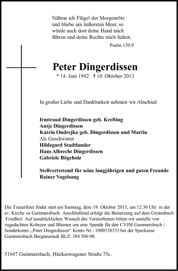 Anzeige von Peter Dingerdissen von Kölner Stadt-Anzeiger / Kölnische Rundschau / Express