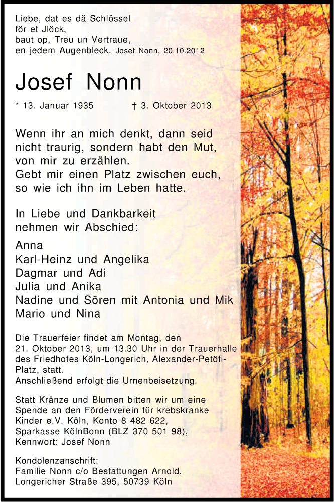  Traueranzeige für Josef Nonn vom 16.10.2013 aus Kölner Stadt-Anzeiger / Kölnische Rundschau / Express