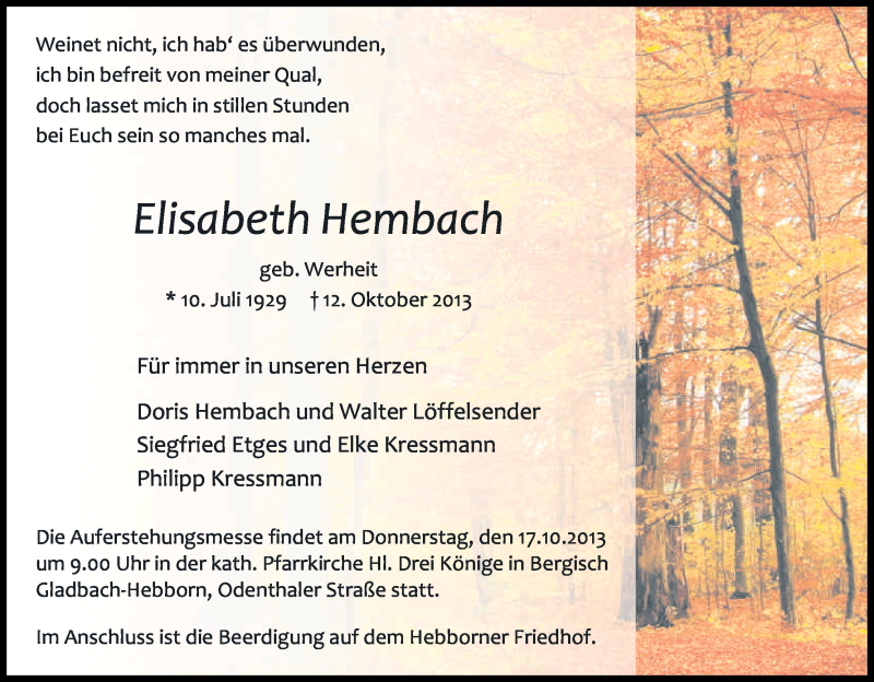  Traueranzeige für Elisabeth Hembach vom 15.10.2013 aus Kölner Stadt-Anzeiger / Kölnische Rundschau / Express