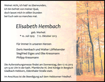 Anzeige von Elisabeth Hembach von Kölner Stadt-Anzeiger / Kölnische Rundschau / Express
