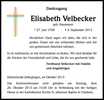 Anzeige von Elisabeth Velbecker von Kölner Stadt-Anzeiger / Kölnische Rundschau / Express
