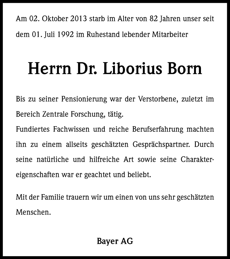  Traueranzeige für Liborius Born vom 17.10.2013 aus Kölner Stadt-Anzeiger / Kölnische Rundschau / Express