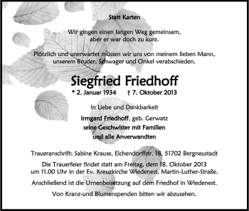 Anzeige von Siegfried Friedhoff von Kölner Stadt-Anzeiger / Kölnische Rundschau / Express