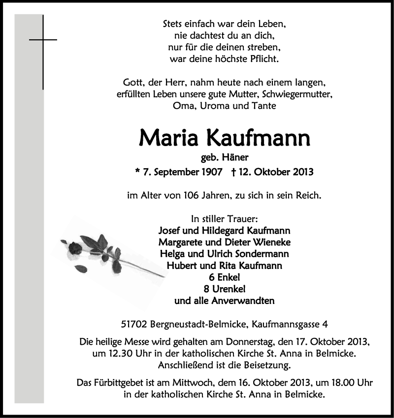  Traueranzeige für Maria Kaufmann vom 15.10.2013 aus Kölner Stadt-Anzeiger / Kölnische Rundschau / Express