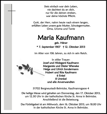 Anzeige von Maria Kaufmann von Kölner Stadt-Anzeiger / Kölnische Rundschau / Express