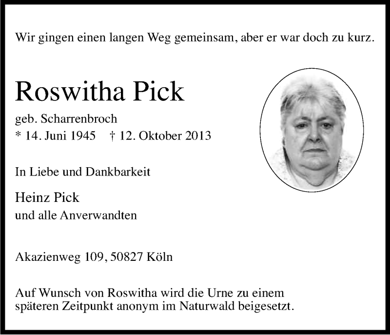  Traueranzeige für Roswitha Pick vom 19.10.2013 aus Kölner Stadt-Anzeiger / Kölnische Rundschau / Express