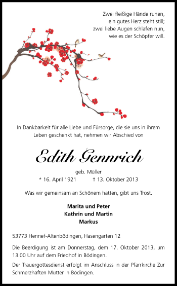 Anzeige von Edith Gennrich von Kölner Stadt-Anzeiger / Kölnische Rundschau / Express