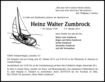 Anzeige von Heinz Walter Zumbrock von Kölner Stadt-Anzeiger / Kölnische Rundschau / Express