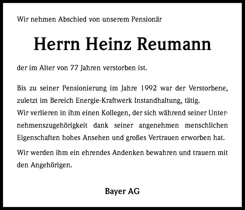  Traueranzeige für Heinz Reumann vom 18.10.2013 aus Kölner Stadt-Anzeiger / Kölnische Rundschau / Express