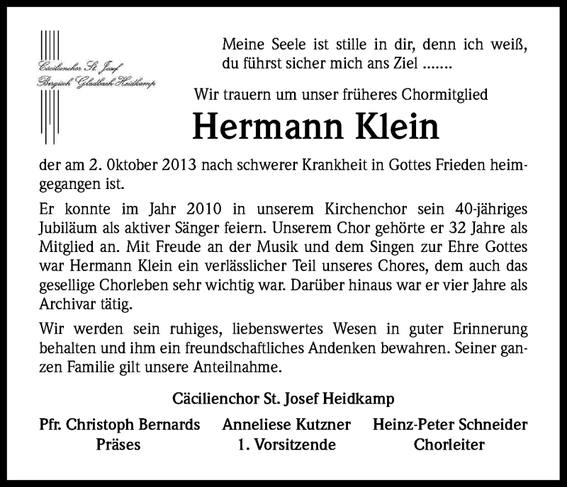  Traueranzeige für Hermann Klein vom 15.10.2013 aus Kölner Stadt-Anzeiger / Kölnische Rundschau / Express