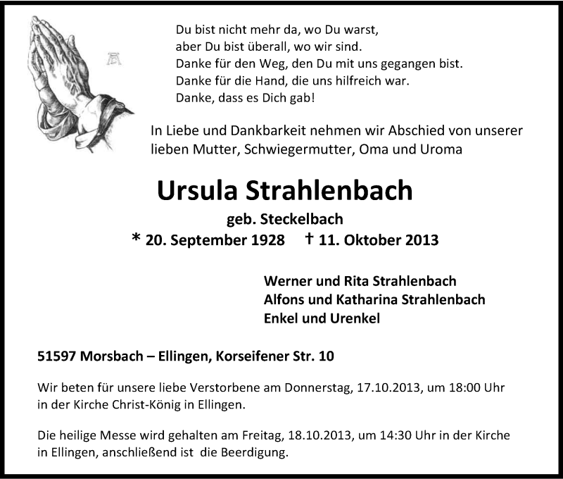  Traueranzeige für Ursula Strahlenbach vom 15.10.2013 aus Kölner Stadt-Anzeiger / Kölnische Rundschau / Express