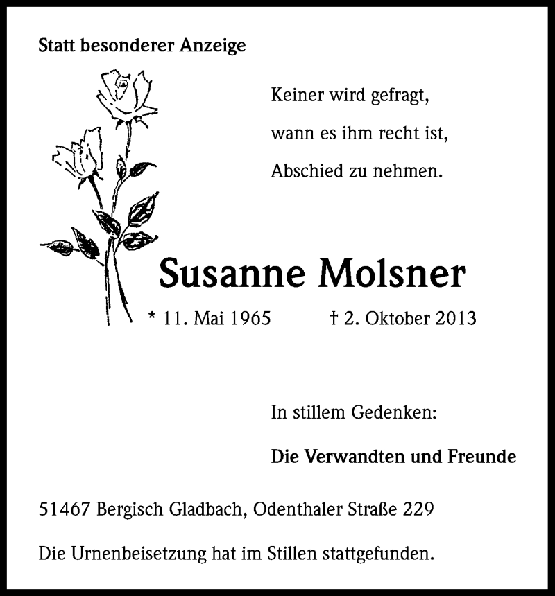  Traueranzeige für Susanne Molsner vom 19.10.2013 aus Kölner Stadt-Anzeiger / Kölnische Rundschau / Express