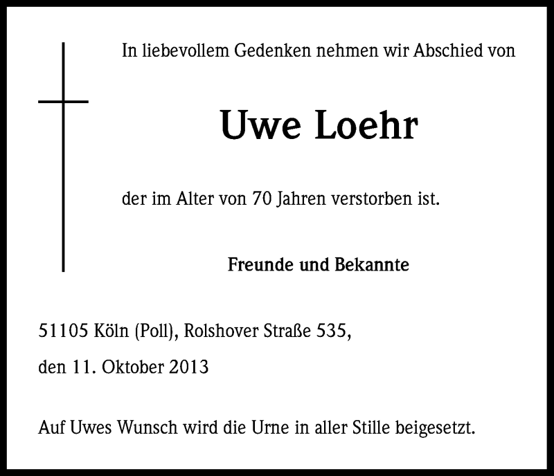  Traueranzeige für Uwe Loehr vom 16.10.2013 aus Kölner Stadt-Anzeiger / Kölnische Rundschau / Express