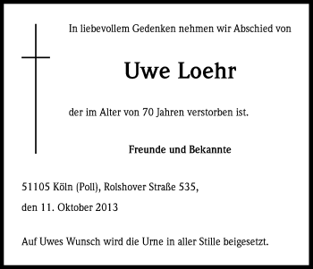 Anzeige von Uwe Loehr von Kölner Stadt-Anzeiger / Kölnische Rundschau / Express