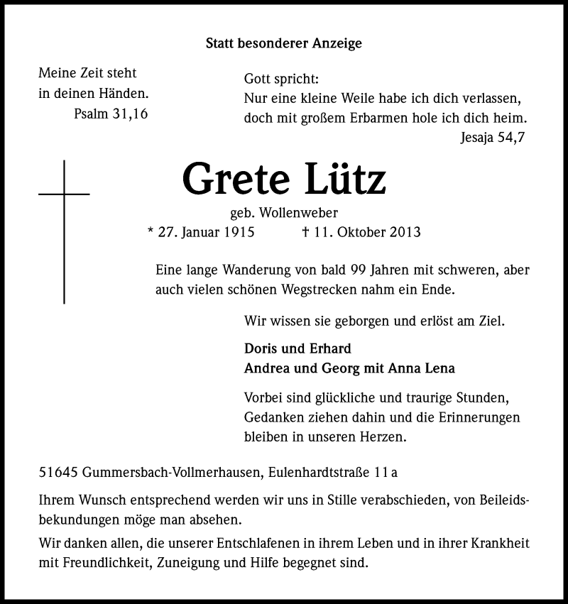  Traueranzeige für Grete Lütz vom 15.10.2013 aus Kölner Stadt-Anzeiger / Kölnische Rundschau / Express