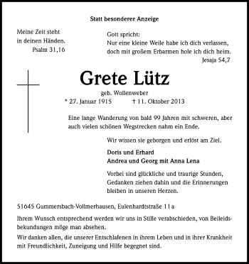 Anzeige von Grete Lütz von Kölner Stadt-Anzeiger / Kölnische Rundschau / Express