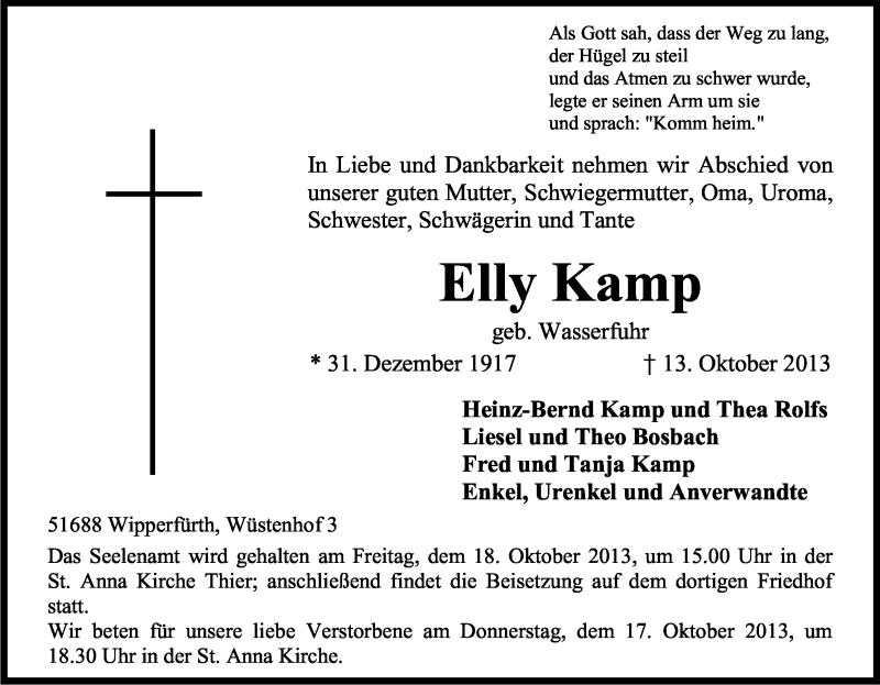  Traueranzeige für Elly Kamp vom 15.10.2013 aus Kölner Stadt-Anzeiger / Kölnische Rundschau / Express