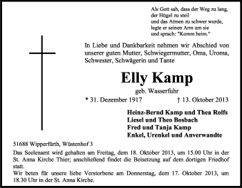Anzeige von Elly Kamp von Kölner Stadt-Anzeiger / Kölnische Rundschau / Express
