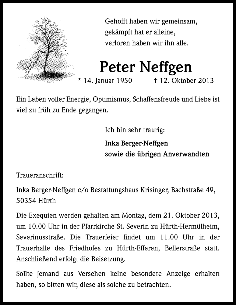  Traueranzeige für Peter Neffgen vom 16.10.2013 aus Kölner Stadt-Anzeiger / Kölnische Rundschau / Express