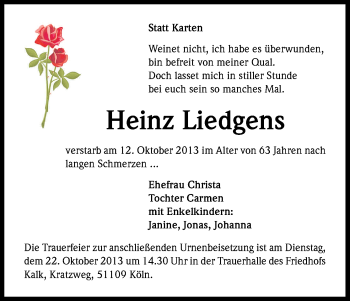 Anzeige von Heinz Liedgens von Kölner Stadt-Anzeiger / Kölnische Rundschau / Express