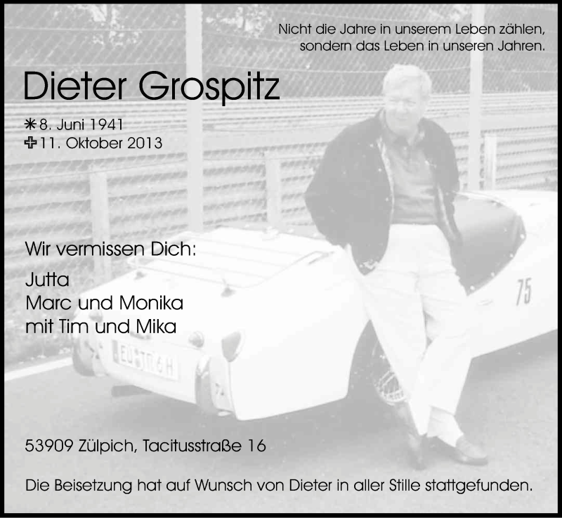  Traueranzeige für Dieter Grospitz vom 19.10.2013 aus Kölner Stadt-Anzeiger / Kölnische Rundschau / Express